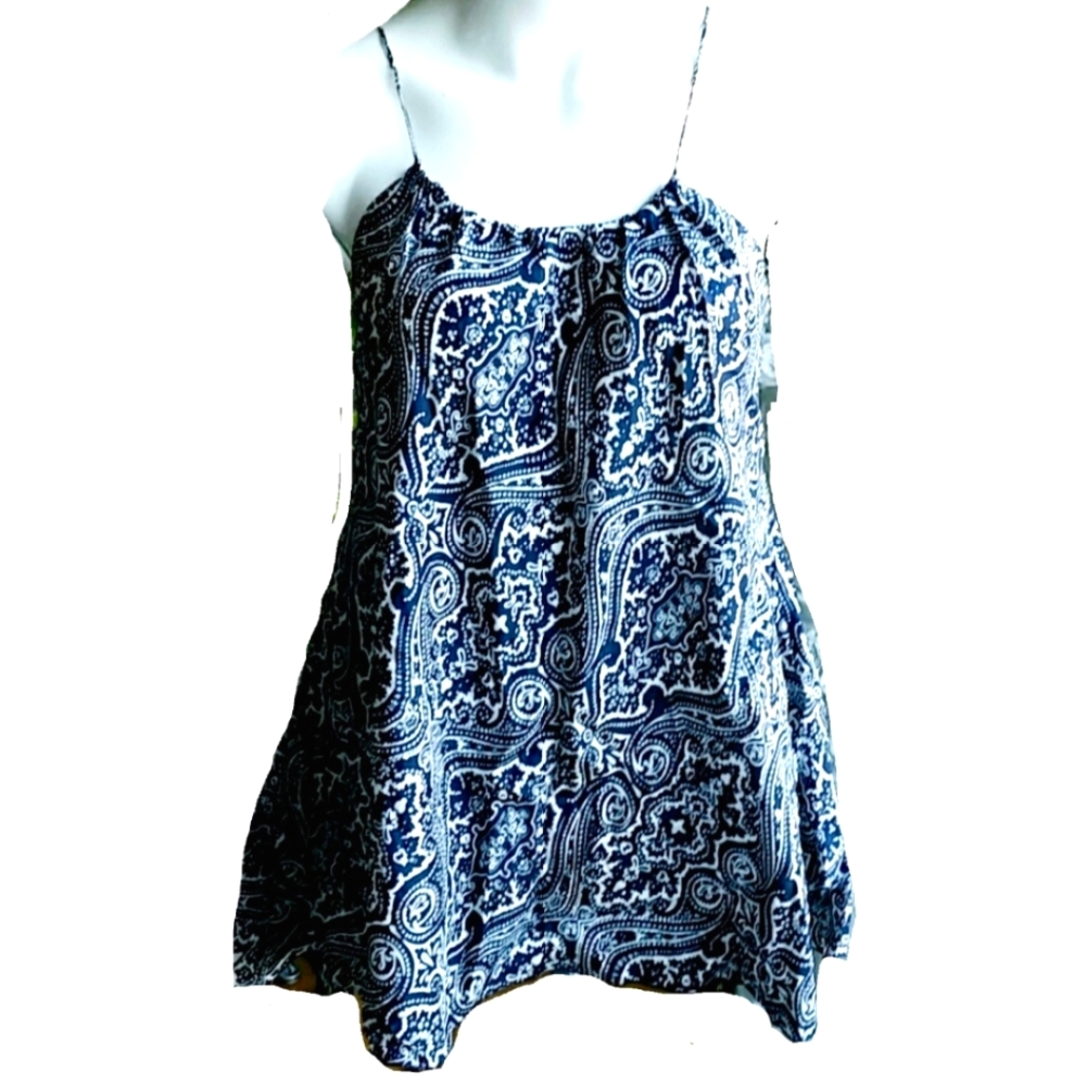 Club Monaco Navy White Floral Paisley Silk Baby Doll Y2K Top Size Small